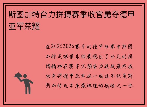 斯图加特奋力拼搏赛季收官勇夺德甲亚军荣耀 斯图加特奋力拼搏赛季收官勇夺德甲亚军荣耀